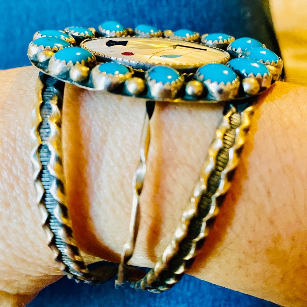 2XHP💕Vintage Navajo Turquoise MOP Inlay .925 Cuff - Picture 2 of 7